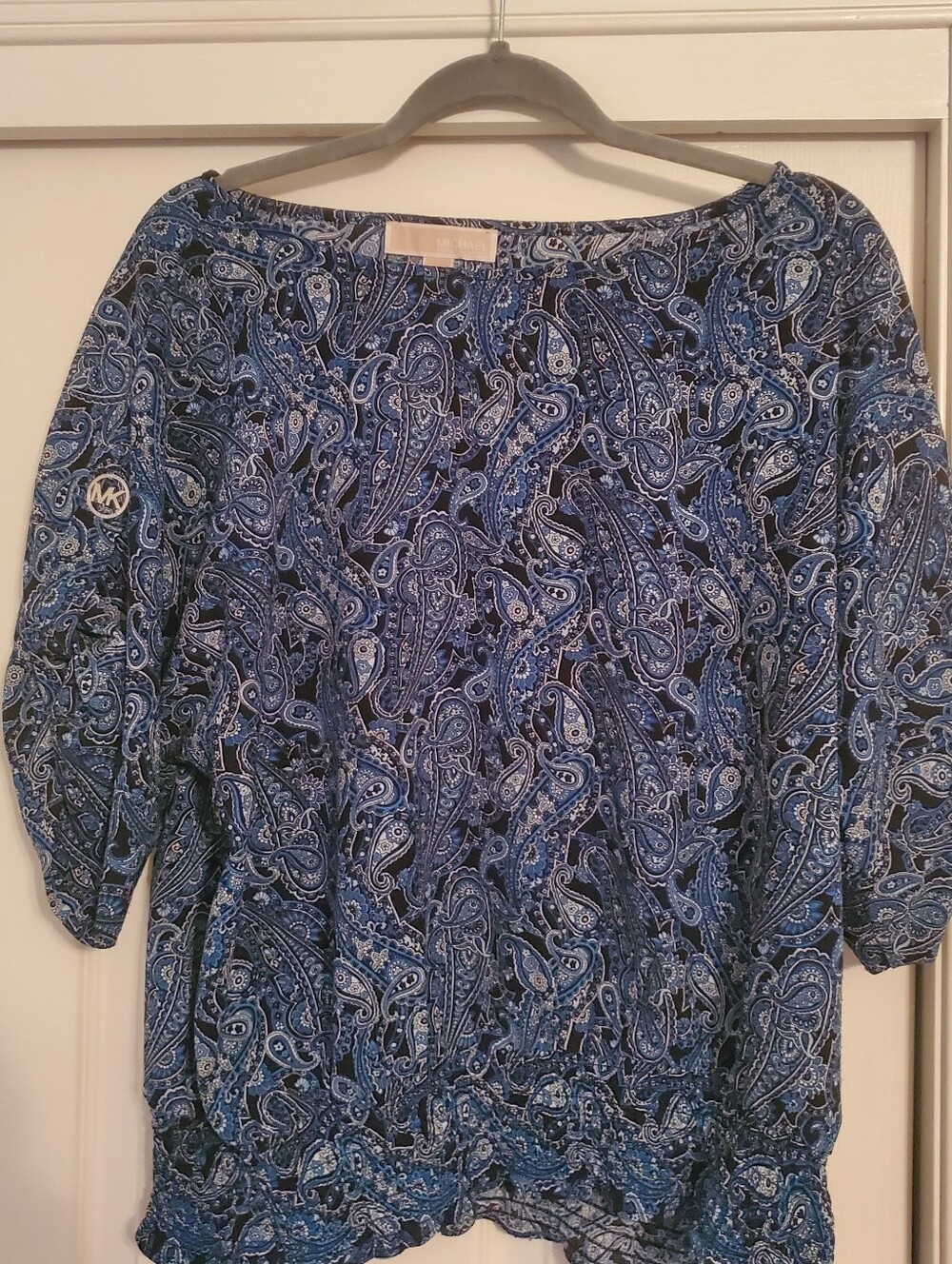 Michael Kors Navy and Blue Paisley Short Sleeve Blouse